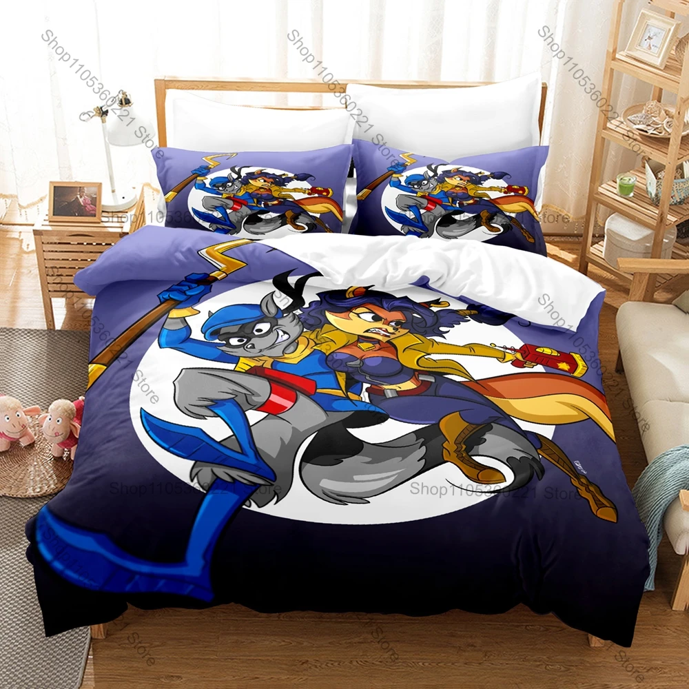 

Retro Game Sly Cooper Bedding Set, Duvet Cover & 2 Pillowcases, Cute Raccoon Thief Pattern Breathable Fabric All Season Use