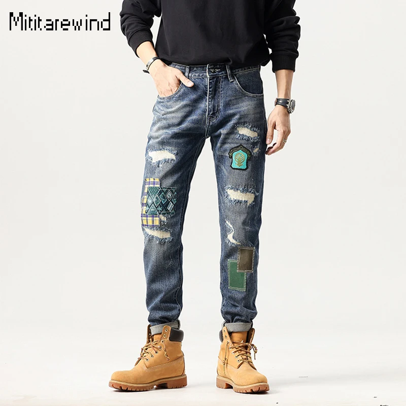 

Autumn New Trendy Jeans Men High Street Embroidered Hole Patch Chic Jeans Cotton Straight Denim Pants Streetwear Youth Trousers