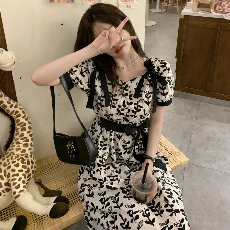 Fashion Sweet Bandage Bow Dresses Folds Female Clothing Vintage Broken Flowers Summer Square Collar A-Line Spliced Midi Dress