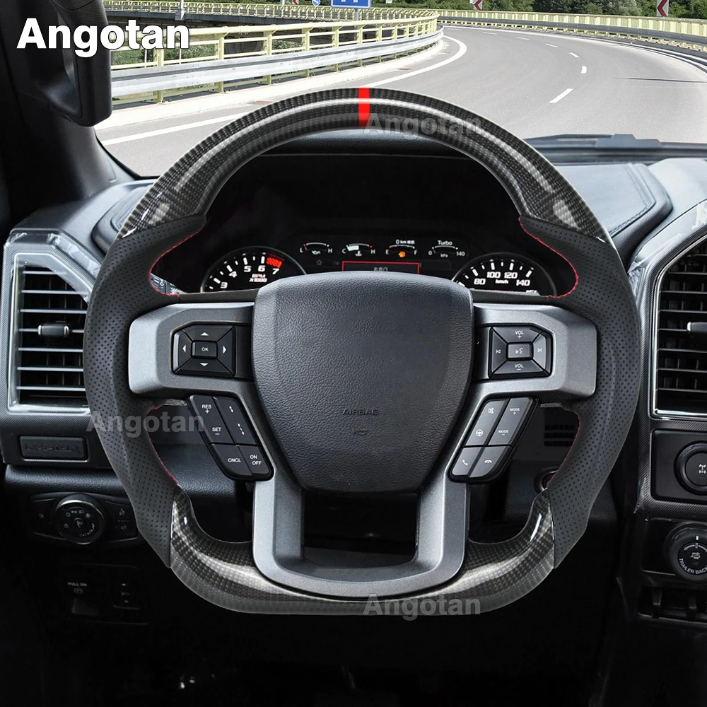 عجلة قيادة ساخنة من ألياف الكربون الحقيقية لـ F150 Raptor 2015-2020 قبضة جلدية مسطحة القاع مع فتحات مجداف