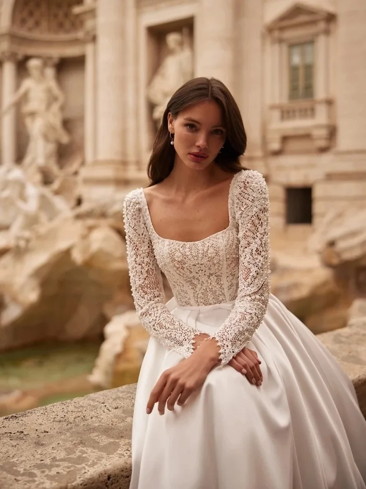 

customized 2025 Chic Princess Wedding Dresses Scoop Long Sleeves Pearls Beads A-line Satin Lace Bridal Bride Gowns Vestidos De