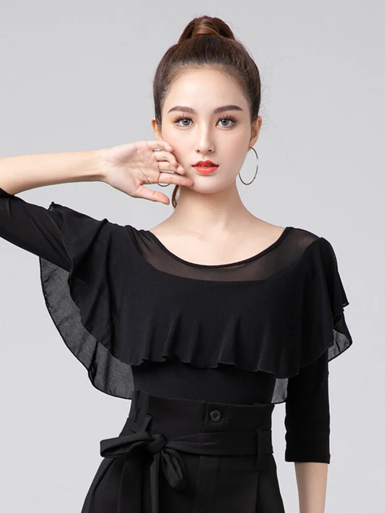 المرأة اللاتينية الرقص ارتداءها شبكة المرقعة انتفض الأكمام سليم صالح السالسا التانغو قميص تمتد تنفس الأداء ممارسة أعلى