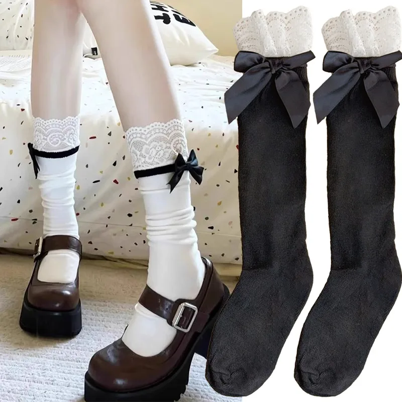 

Black White Sweet Lolita Lace Rim Calf Socks for Women Girls JK Style Stretch Cotton Mid Length Stockings with Ribbon Bowknot