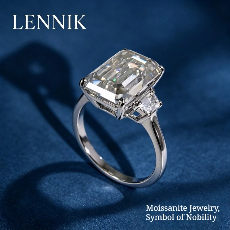 LENNIK 10CT Emerald Cut Big Moissanite Rings for Women S925 Silver GRA Certified Lab Diamond Luxury Bridal Wedding Band Jewelry