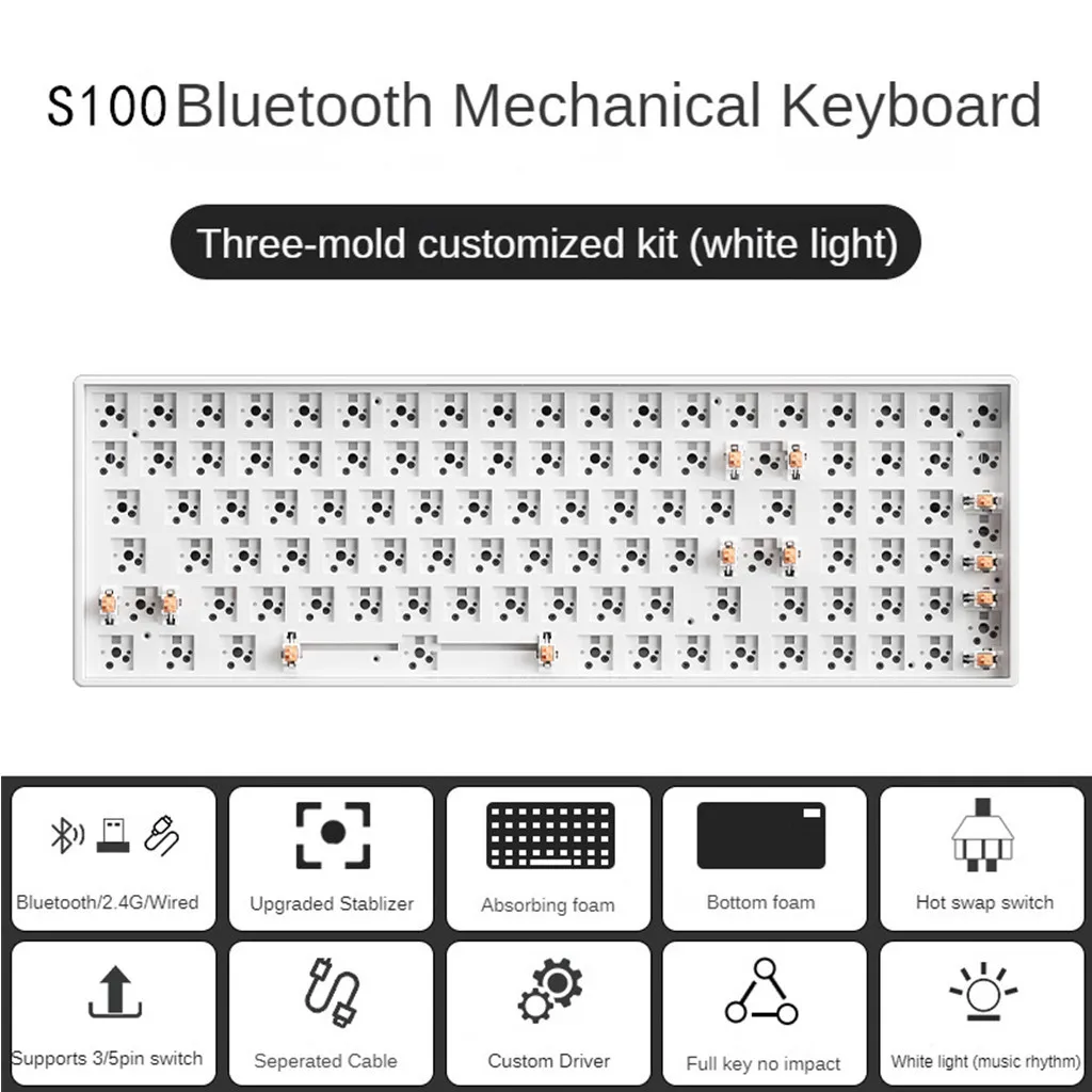 mathew tech teclado gaming mecanico barebone luz branca kit faca voce mesmo modo 100 chaves 98 layout hot swap s100 01