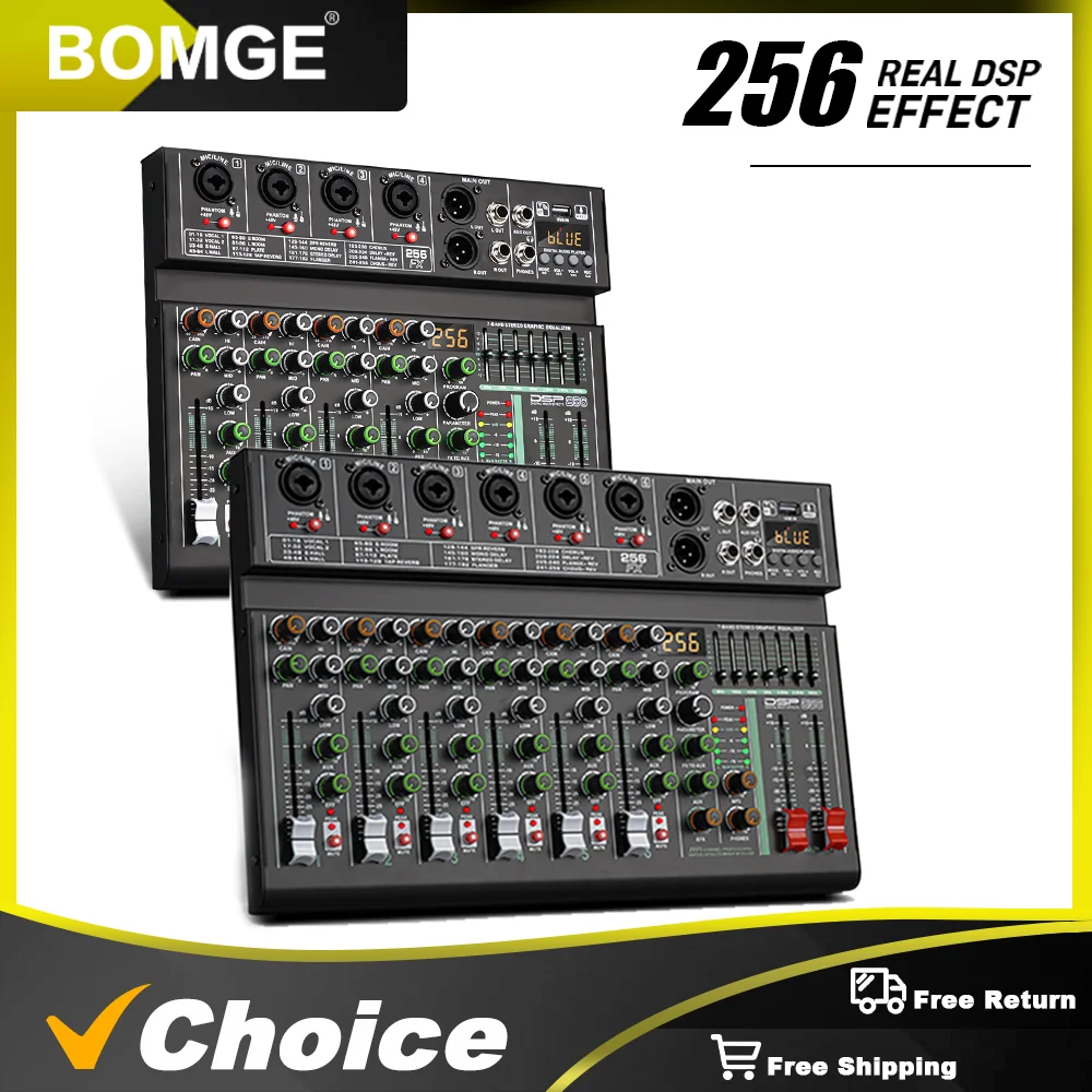 BOMGE 4/6 Kanal 256DSP Audio Mixer USB Bluetooth/catu daya 48V independen/cocok produk studio, panggung DJ, pesta