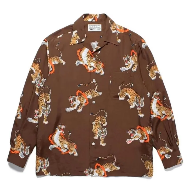 

Brown Black White Tiger Print WACKO MARIA Shirt Street Trend Brand Long Sleeve Shirt Mens Womens Tops