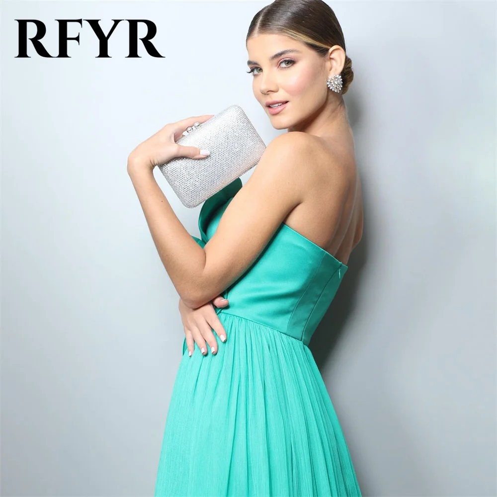 RFYR Chiffon Turquoise Prom Dresses Strapless Evening Dresses With 3D Flower Party Dress Floor Lenght  فساتين مناسبة رسم