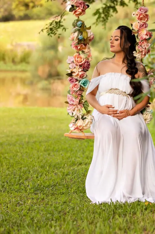 섹시한 출산 가운, V넥 프릴, 출산 트레일, 짧은 소매, 긴 원피스, 사진 촬영용 출산 원피스