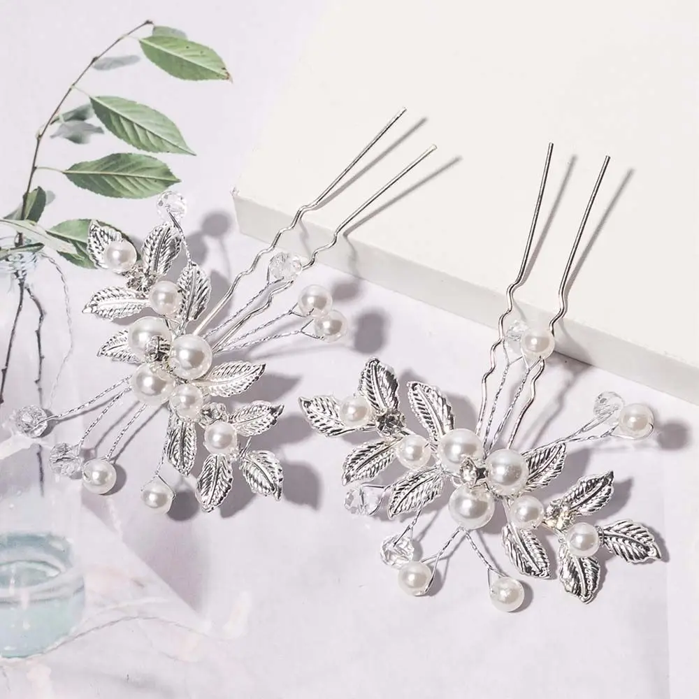 Diamond Bridal Headwear Chinese Style Headwear Leaves Pearl Hairpin Hanfu Hair Sticks Ancient Style Hairpin U Shaped Hairpin