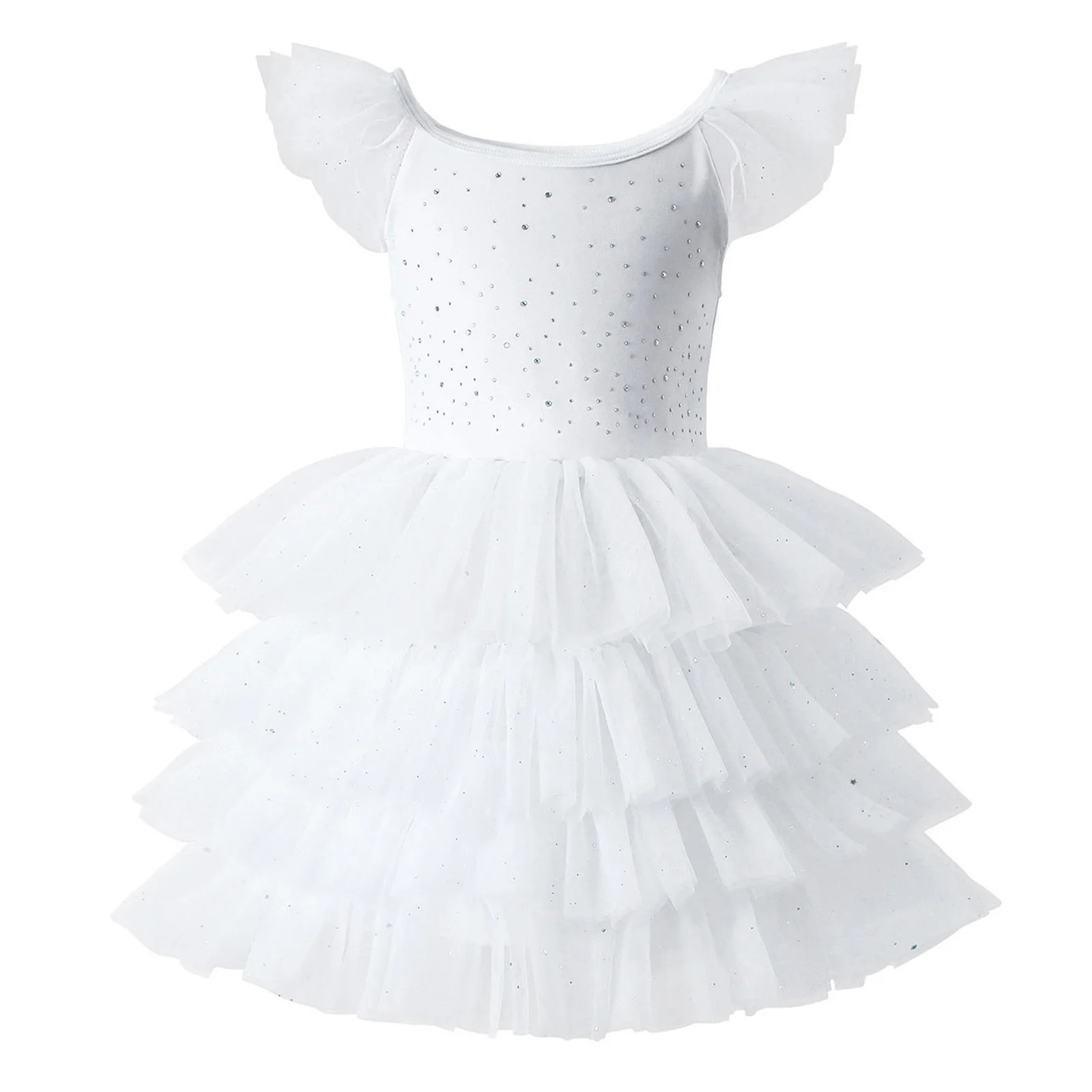 

Kids Girls Ballet Dance Dress Ruffled Sleeves Shiny Rhinestones Bodice Tiered Tulle Dress for Birthday School Party Performance