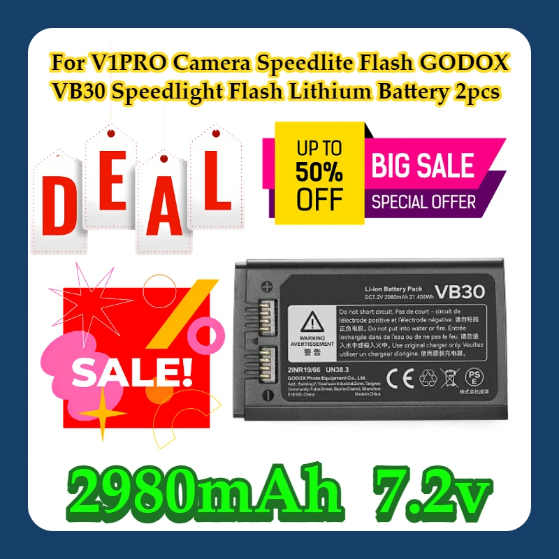 

For V1PRO Camera Speedlite Flash GODOX VB30 2980mAh Speedlight Flash Lithium Battery 2pcs