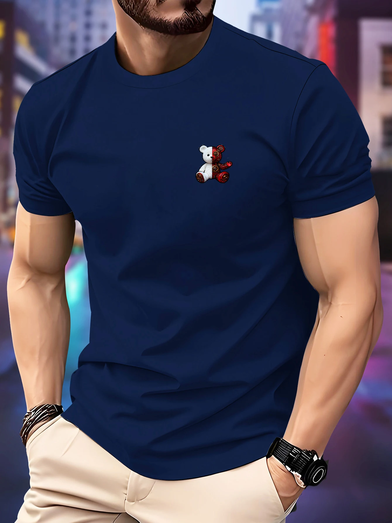 NUEVA Camiseta de Hombre con Estampado de Oso Mecánico, Esencial para Primavera/Verano, Suave y Transpirable, Cuello Redondo, Manga Corta, Unisex, Informal