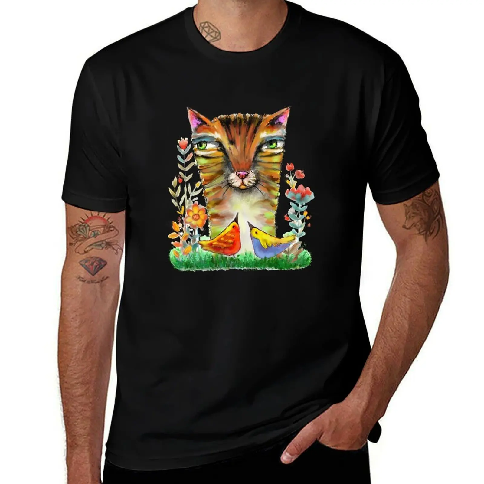 

Aloof Feline Serenity: Tranquil Gaze Among Vibrant Birds T-Shirt boys animal print blanks mens t shirts top quality