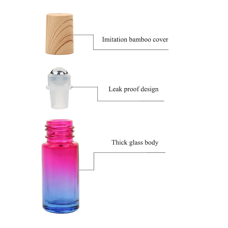 5/10/20/30/50pcs Thick Glass Roll On Bottles 5ml Gradient Color Empty Bottle Roller Ball Bottle For Essential Oil Travel Kit