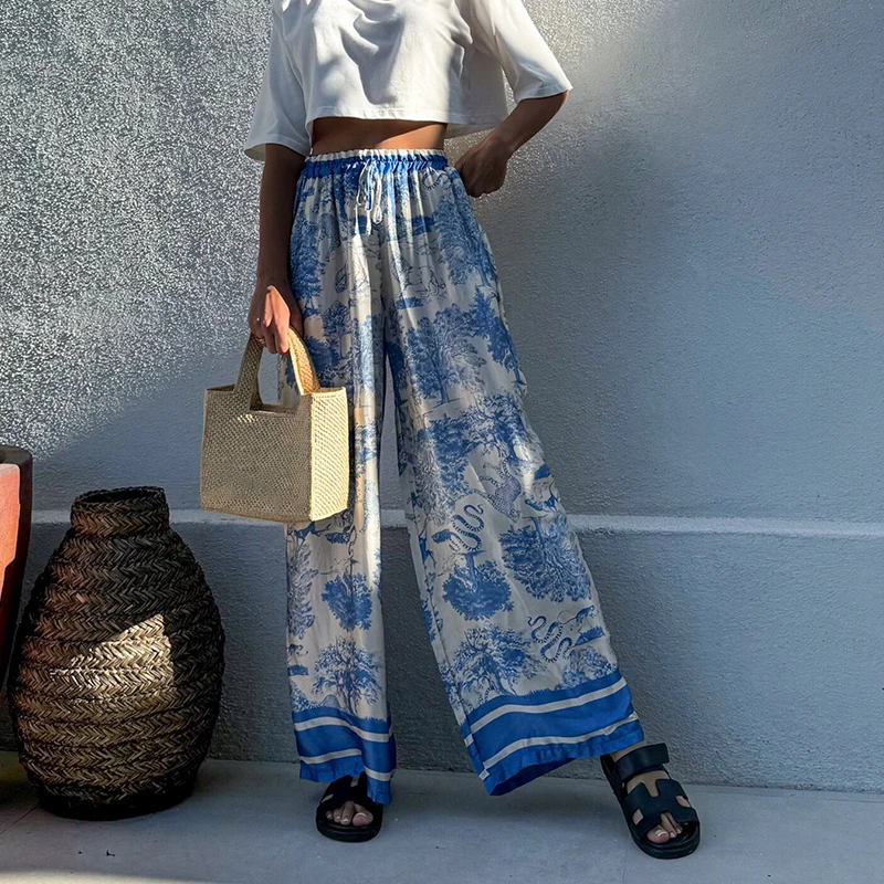 

Vintage Casual Loose Boho Straight Trousers Pattern Print Wide Leg Pants Summer Women Beach Vacation High Waist Sweatpants Mujer