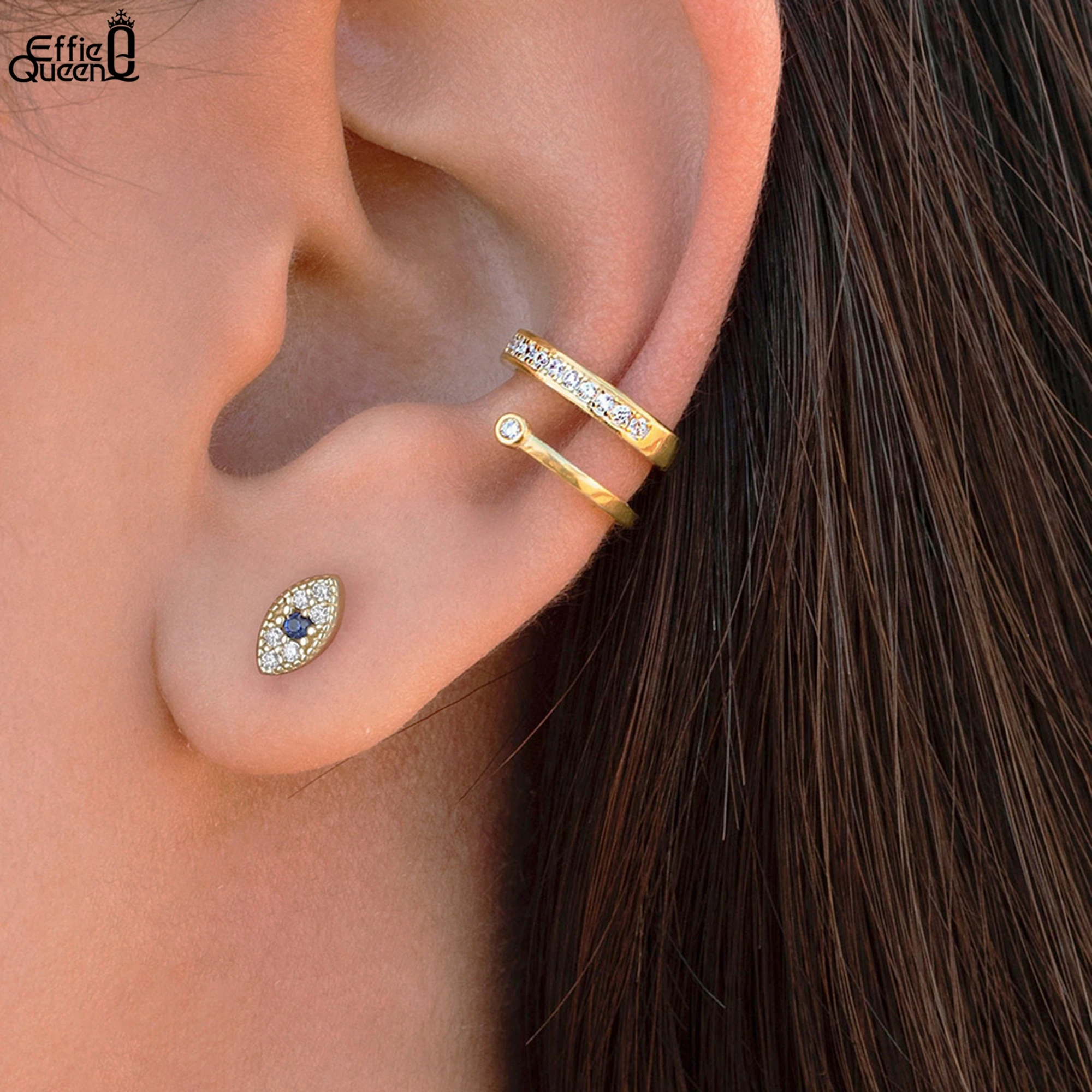 

Effie Queen 925 Sterling Silver 14K Gold Dainty Eye Stud Earrings With 4A White & Blue Zirconia Ornament Multi-Color Gift APE28