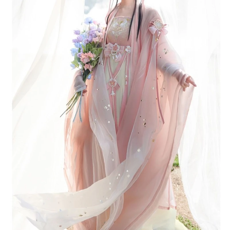 Vestido feminino tradicional bordado de flores estilo chinês, fantasia de fada cosplay, hanfu rosa feminino, palco