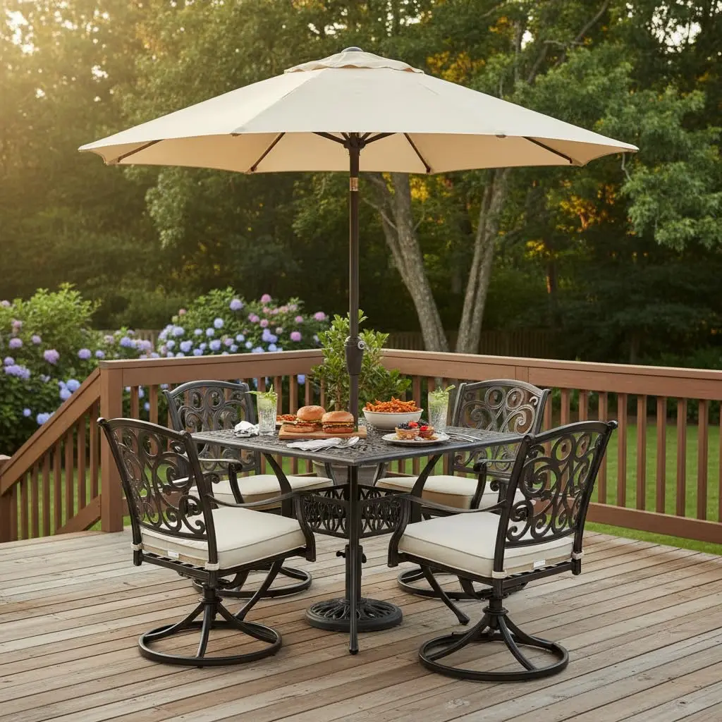 35.4 Inches Outdoor Dining Table, All-Weather Cast Aluminum Table with Umbrella Hole, 4 Person Square Dining Table, Customized