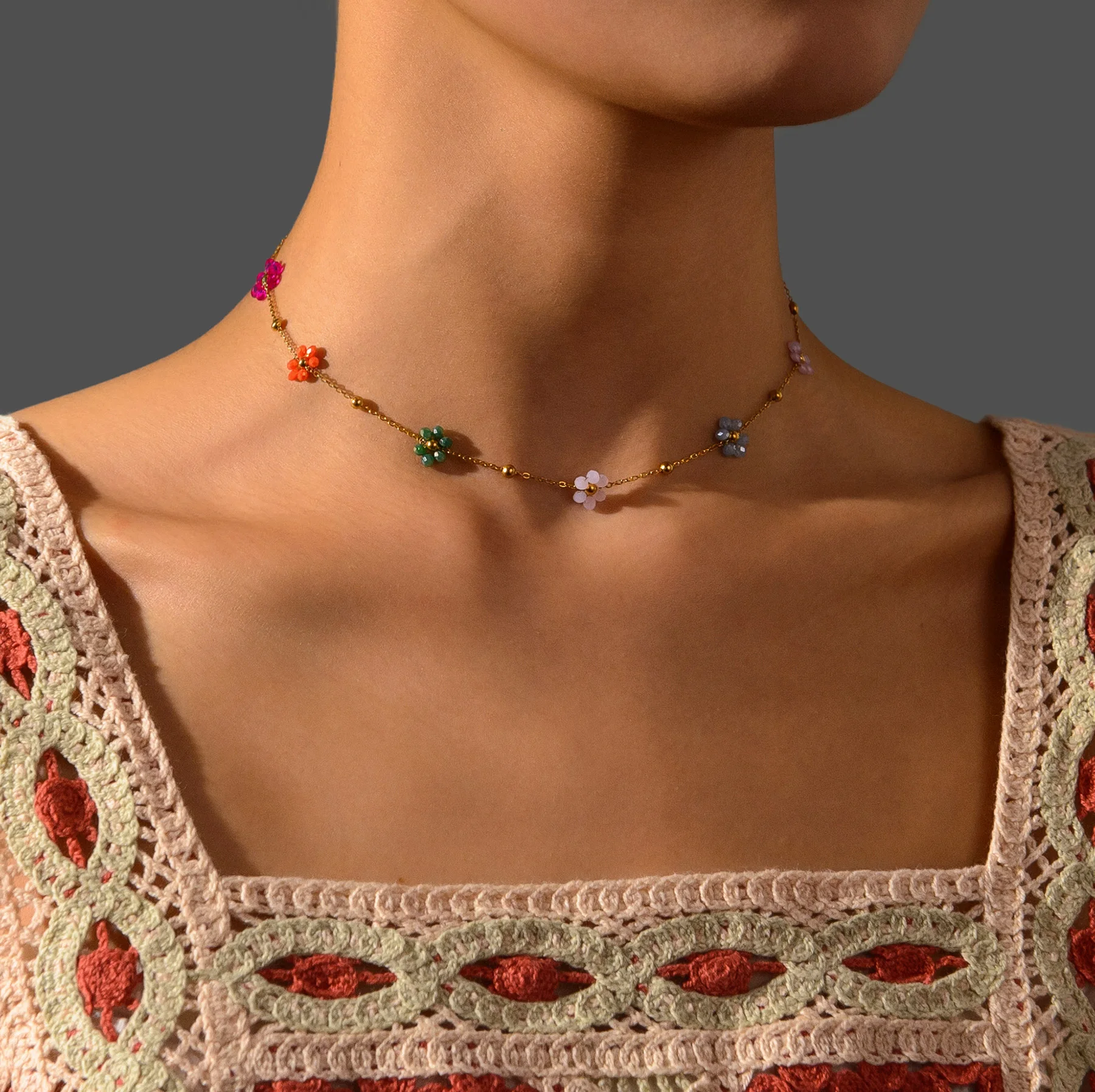 Freeteeme Colorful Artificial Crystal Flower Necklace Bracelet for Women Girl Stainless Steel Jewelry Set Gold Plated Chain Gift