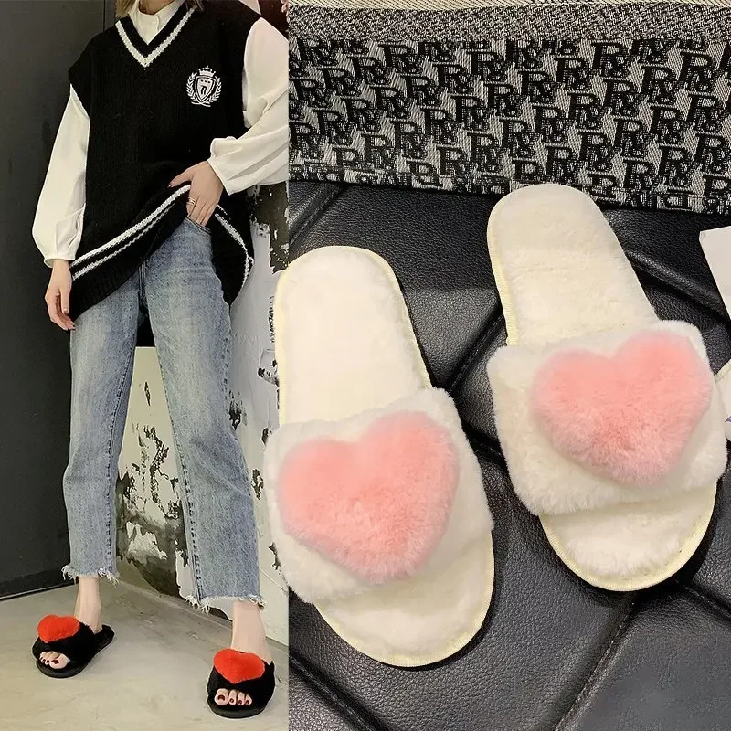 2024 New Autumn/Winter Slippers Shallow Mouth Women's Flat Bottom Daily Home Plush Love One Word Comfortable Cotton Slippers