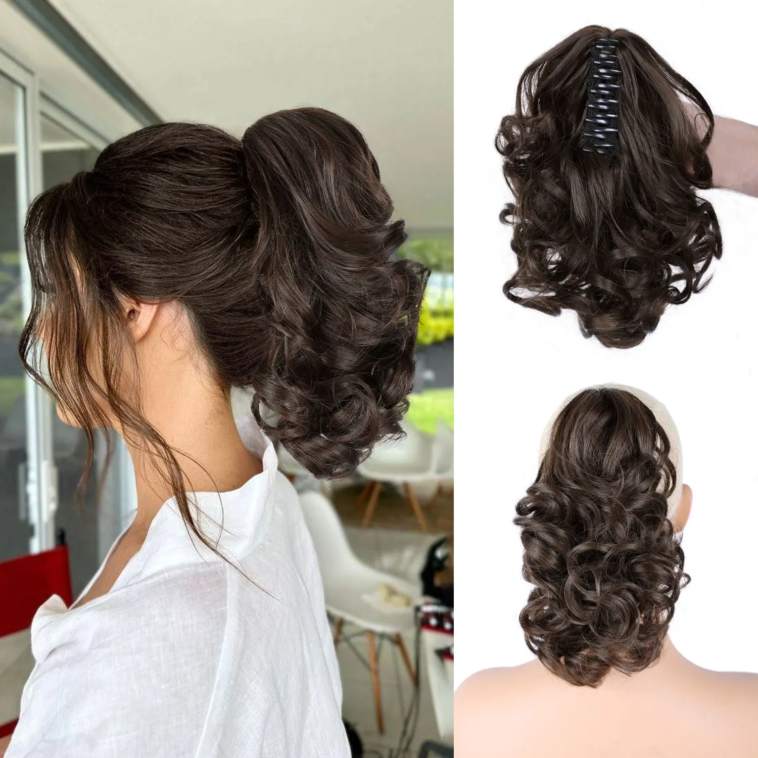 

Women's short ponytail hair extension claw clip wig, 10-inch curly wavy ponytail wig, synthetic updo wig, suitable for girls