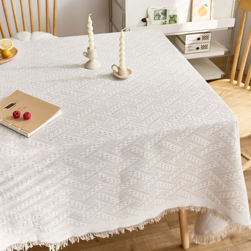 

2026 Tassel Edge Tablecloth Waffle Grid Camping Home Cotton and Linen Tablecloth Rectangular Round Coffee Table Tablecloth