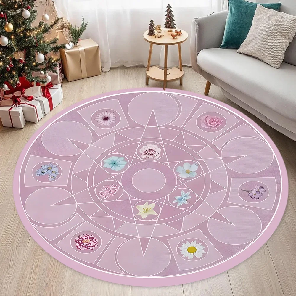 Pink Magic Circle Floral Round Rug Cute Flower Soft Non-Slip Floor Mat Bedroom Nursery Home Decor Carpet