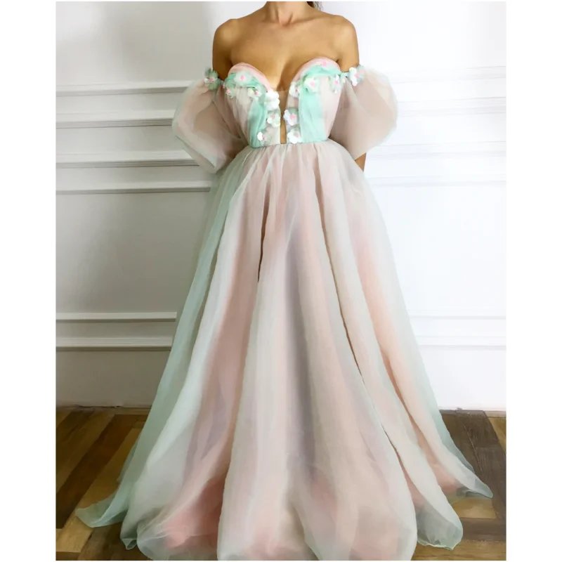 15200# Baby Pink Color Lace 3D Flowers Strapless A-line Wedding Gown Birthday Party Dress Customized Women Prom Evening Dress