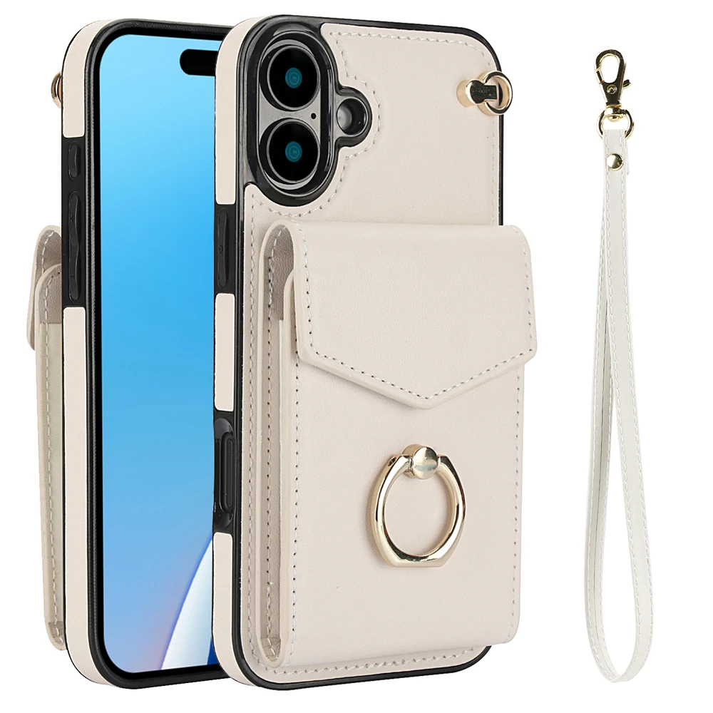 Stylish PU Leather Phone Case for iPhone 16 Plus iPhone16plus Protective Wallet Back Cover Lanyard Case Adjustable Ring Holder