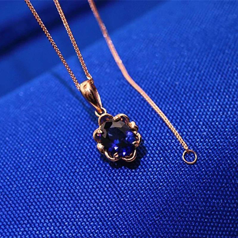 Plated 14K Rose Gold Inlaid Sapphire Flower Pendant Necklace Sweet New Party Wedding Ladies Jewelry Gift