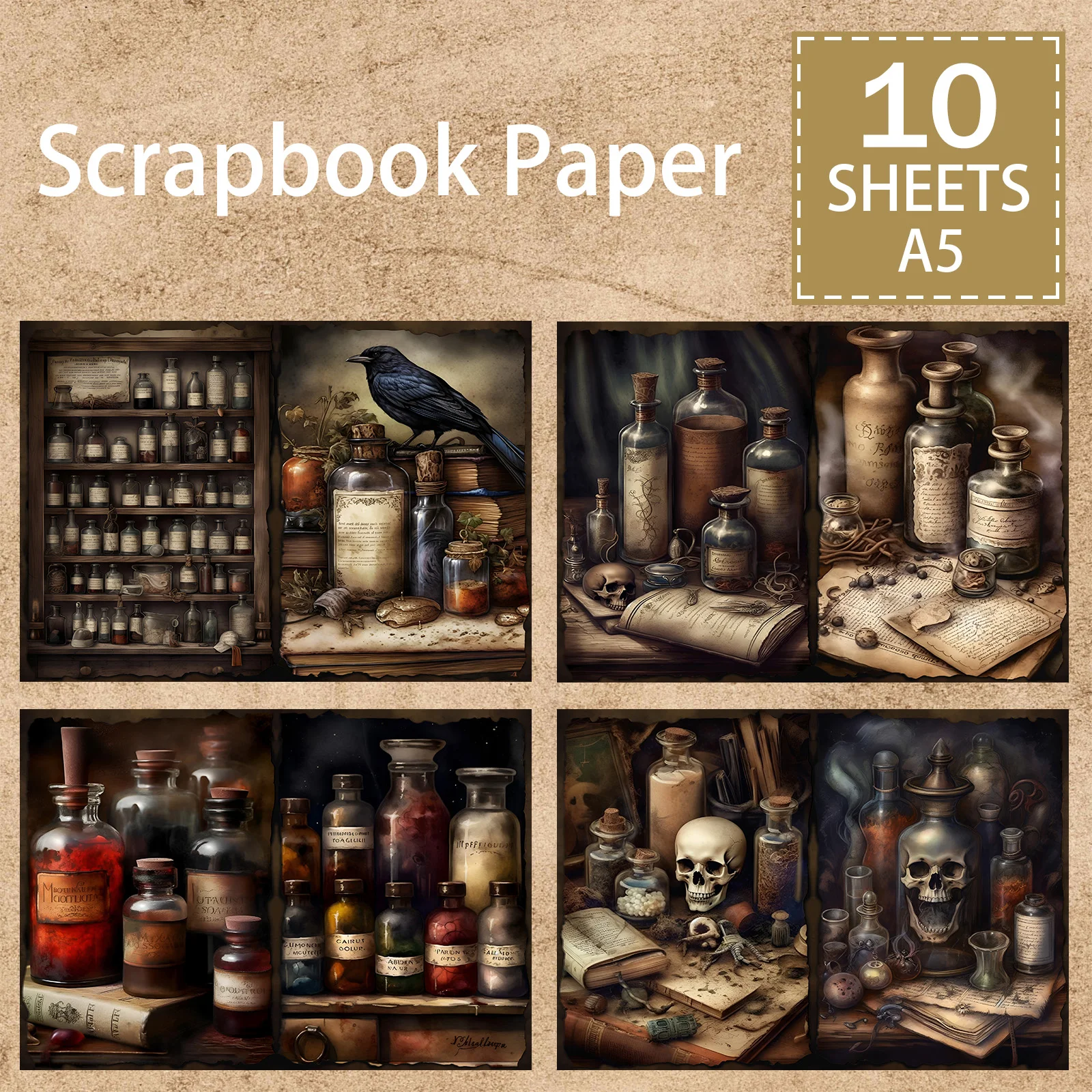 10 yaprak A5 boyutu cadılar bayramı korku kafatası şişe karga arka plan Vintage Grunge dergisi planlama Scrapbooking