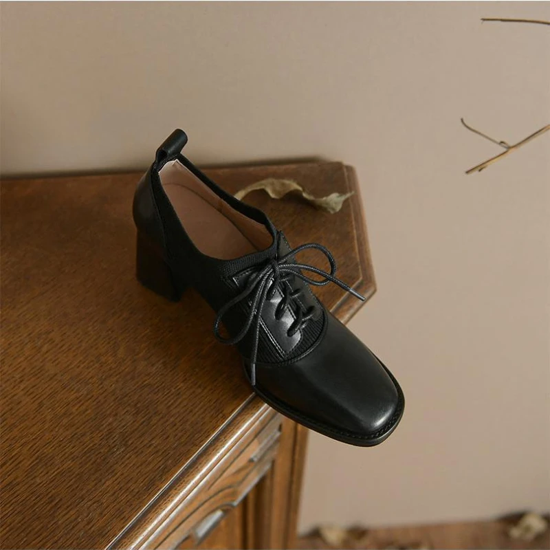 2023 New Fashion Spring and Autumn Square Head Splice Lace Up Versatile Women's High Heels Wear Leather Shoes Outside