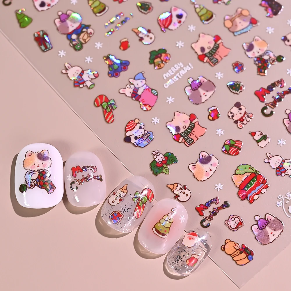 1 pçs bonito efeito de vidro laser decalques de unhas de natal 5d urso/gatinho árvore de natal floco de neve design adesivos de unhas diy decoração de natal ﻿