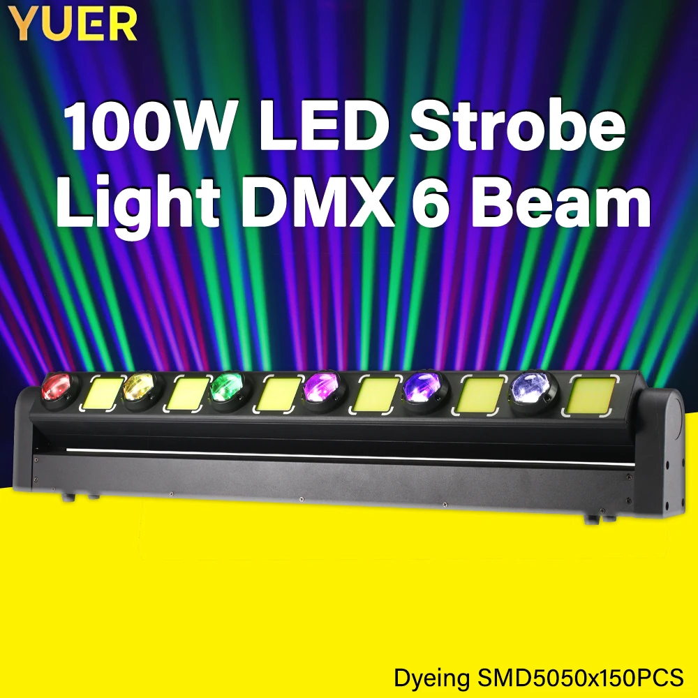 YUER 6 Beam Strobe Light 100W LED Stage Light for Concerts, Clubs & Events, Bar ,DMX512 Sound Active Auto Master-Slave 8/12/32CH