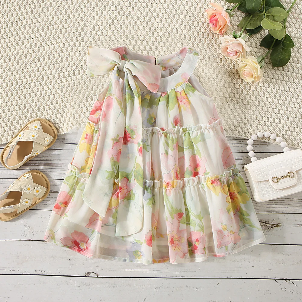 (0-3 Years Old) Summer Baby Girl Bow Princess Thousand Layer Chiffon Dress Girl Flower Sleeveless Beach Dress