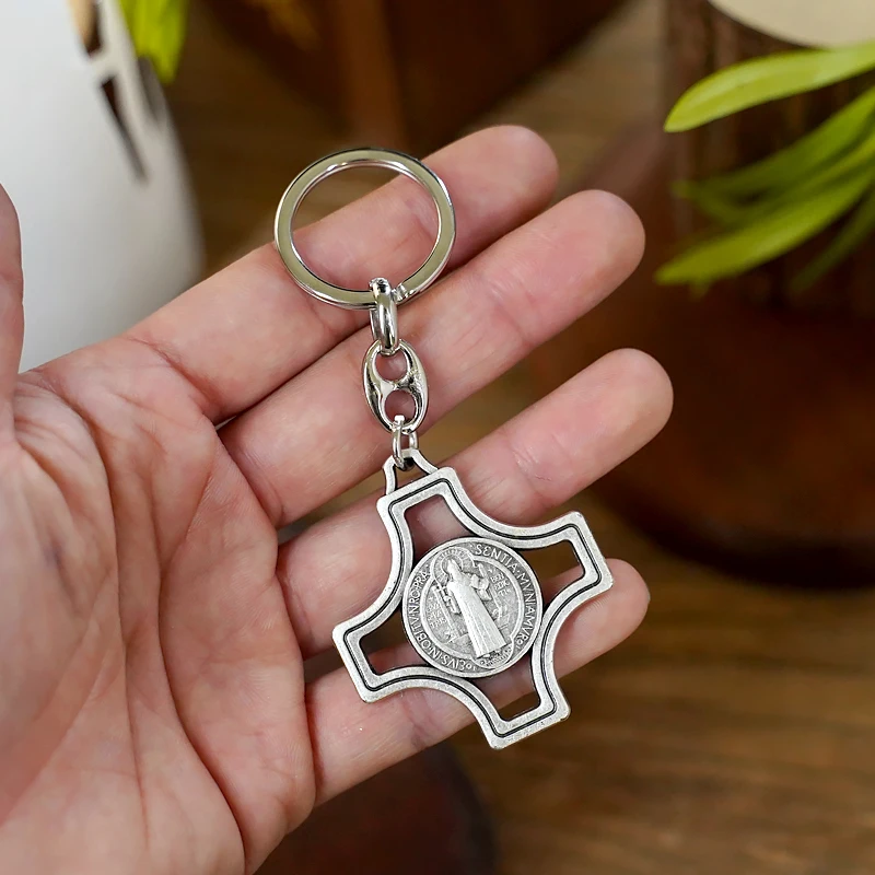 Hollow Out  Alloy Saint Benedict Cross Keychain Patron Saint of Students and Europe Great Catholic Gift for Confirmation