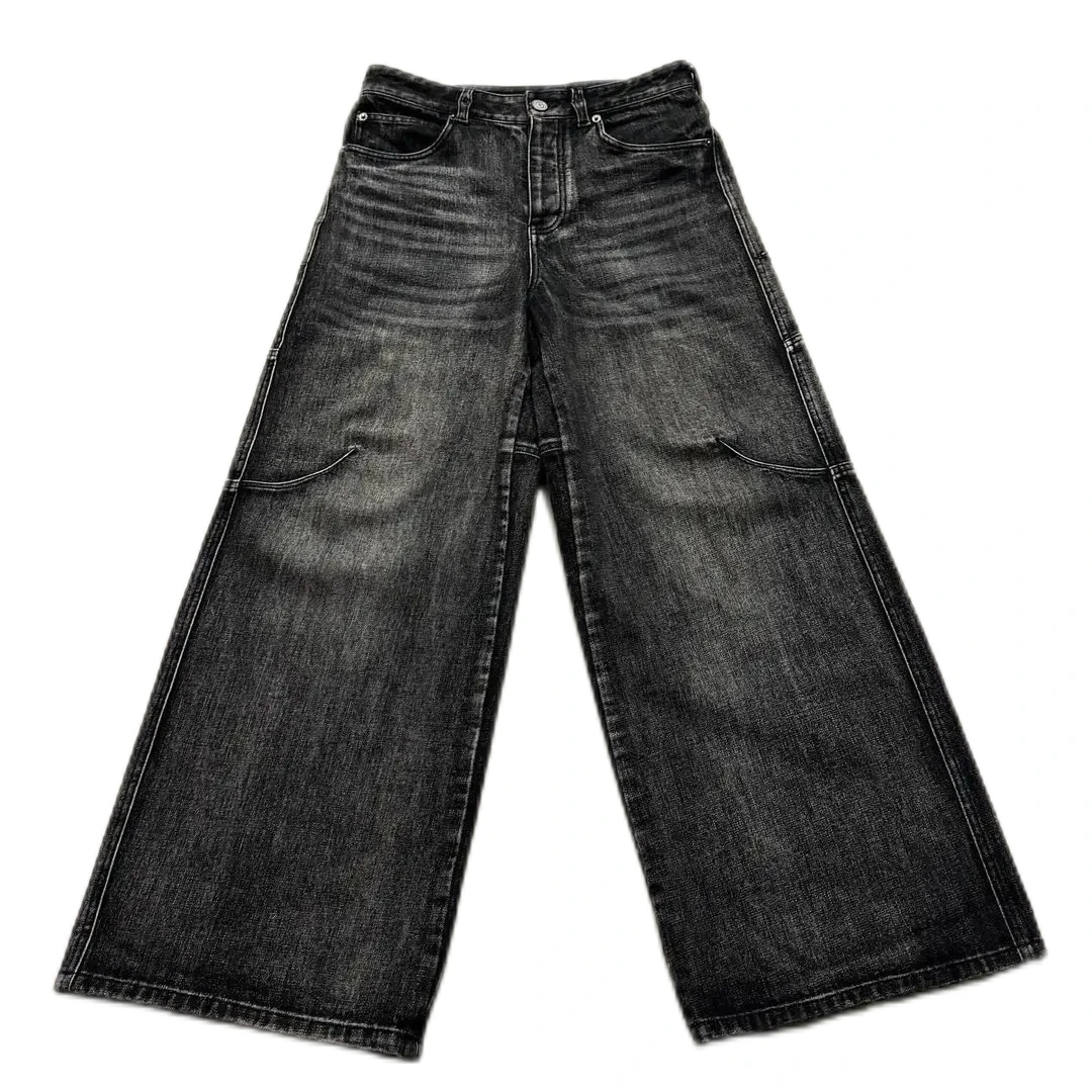 Y2k Amerikaanse hiphopstraat geborduurde zwarte jeans 2024 nieuwe stijl gewassen heren en dames losse wijde voet Y2k werkjeans