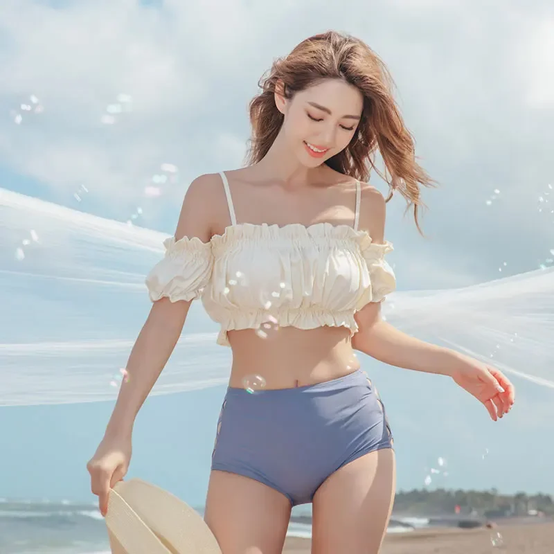 Short Sleeve Swimsuit 2024 Woman Splice Ruffle Women Swimwear Two-piece Beachwear Bathing Suit Cross Bikini Set Hot Spring