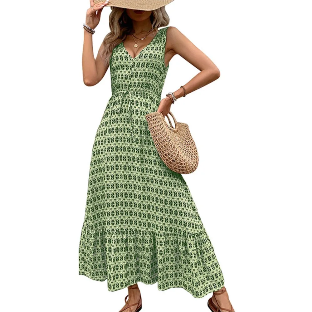 Frauen Sommer Tank Maxi Kleid Vintage A-linie Druck V-ausschnitt Ärmel Lose Saum Boho Mode Casual Kleider Für Frauen Vestidos