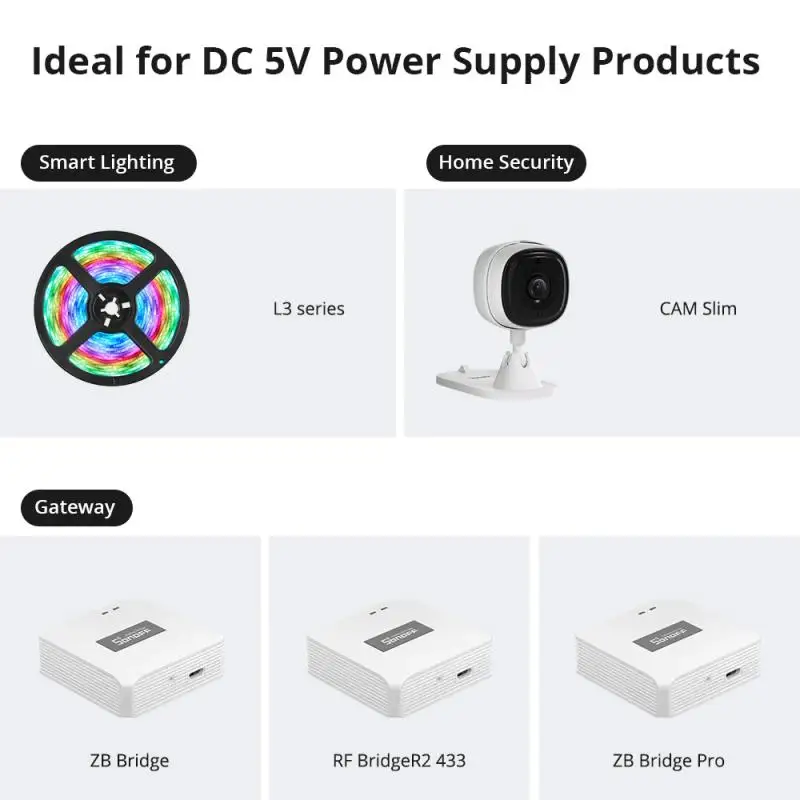 Sonoff-ユニバーサル電圧アダプタープラグ,ポータブル,DC 5v,2a,標準,カムスリム互換,zbブリッジ,レベルvi,さまざまなタイプ