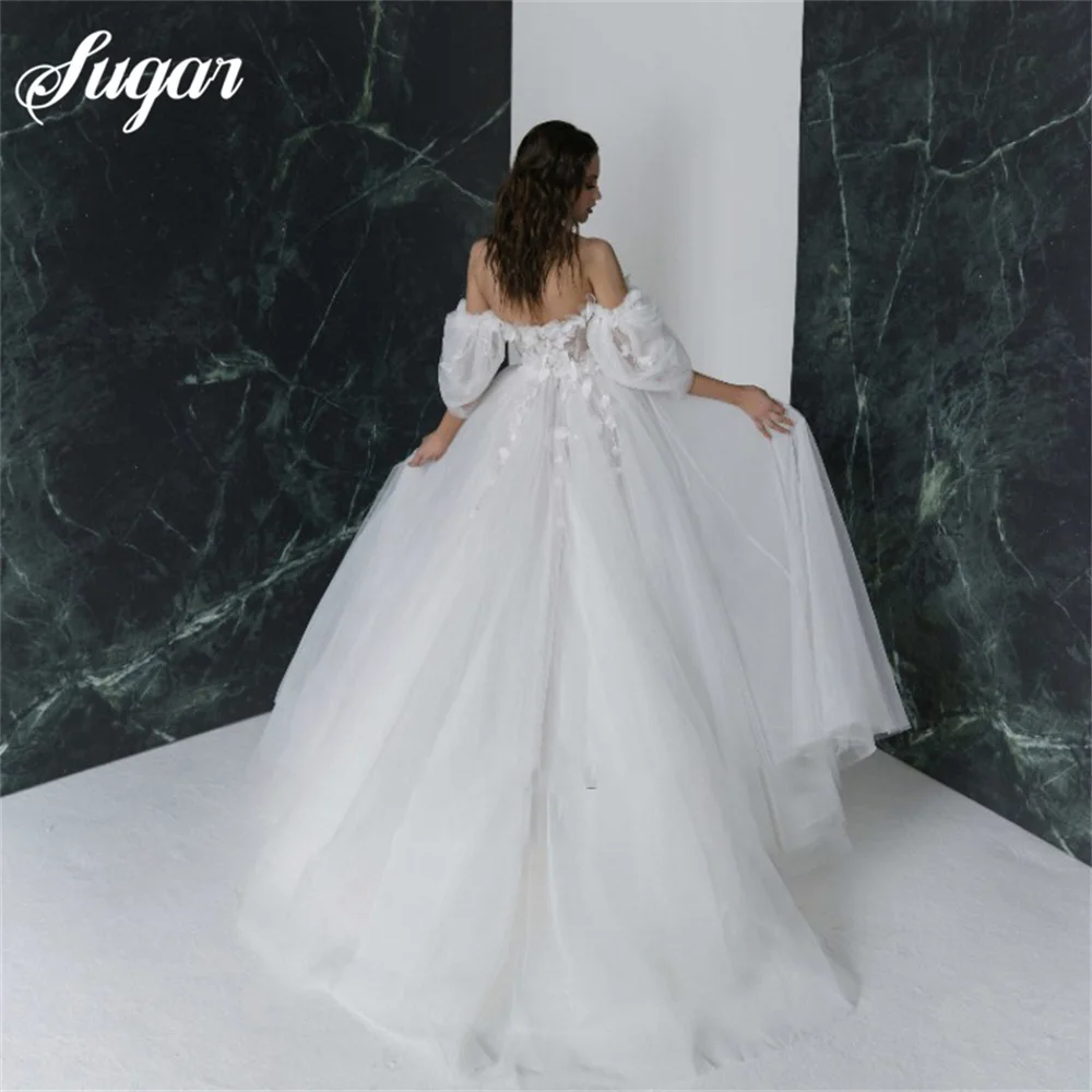 Princess Wedding Dress Off Shoulder 3D Flowers Puffy Sleeves Boho Wedding Gown Side Split White Ivory Bride Dress vestido novia