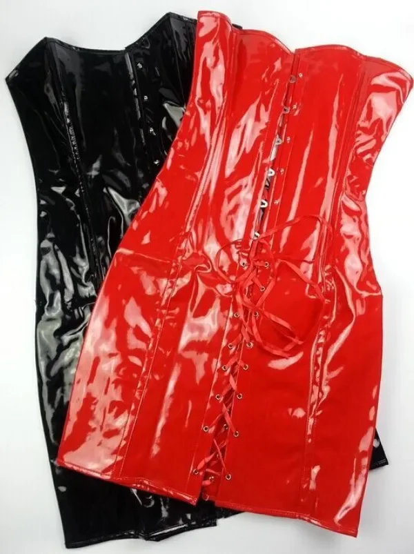 Overbust Long Torso Corset Gothic Sexy Corset Dress PVC Leather Bustier Top Lace Up Clubwear Corselet Black Red