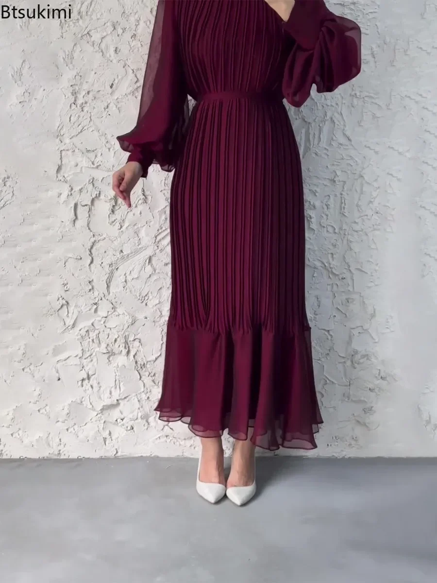 2024 Women\'s Long Pleated Party Dress Spring Ladies Round Neck Temperament Maxi Dress Elegant Casual Evening Dresses Robe Female