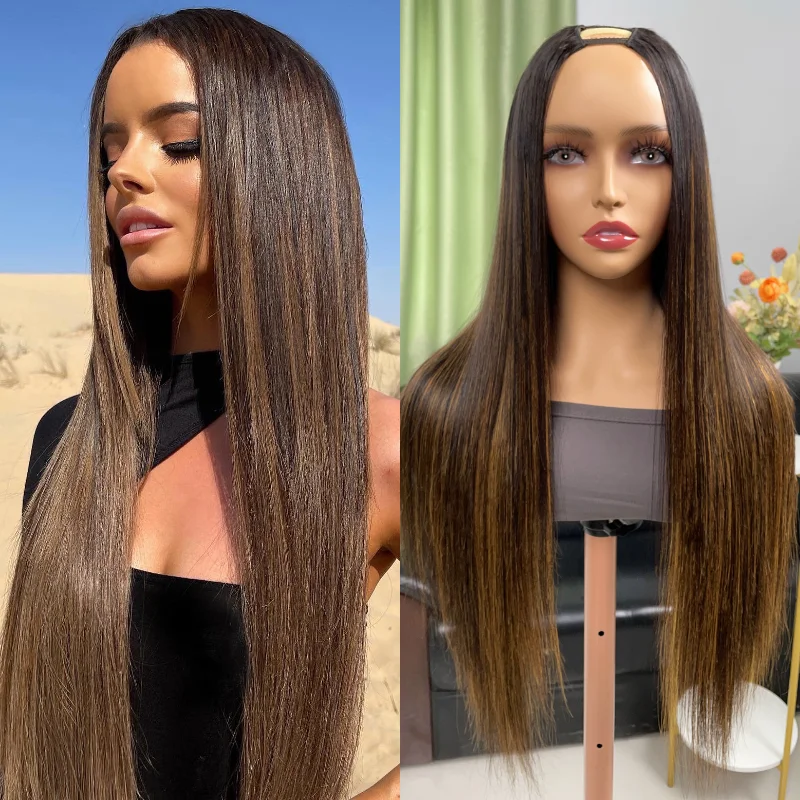 

Long Glueless Free Part 24 inch Highlight Blonde Straight U Part Wig Brazilian Human Hair Wigs For Black Women Soft U Shape Wig