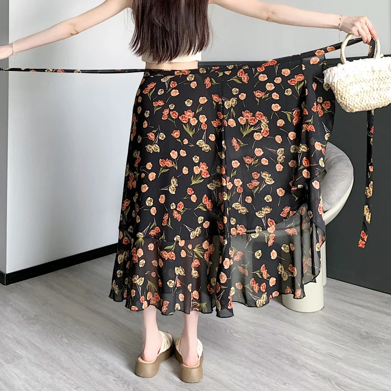 

Асимметричная цельная шифоновая юбка-миди с цветочным принтом, женская пляжная юбка с запахом, расклешенная юбка трапециевидной формы