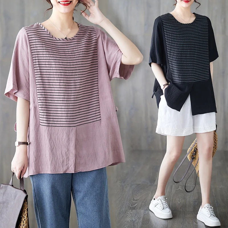 Cotton and Linen Large Size Women Summer Short Sleeved T-shirt 2024 New Loose Striped Patchwork Fashion Round Neck Forking Tops