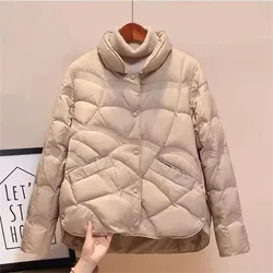 Parkas de baixo leve com colarinho de stand feminino, roupas acolchoadas de algodão, casacos monocromáticos, simples, outono, inverno