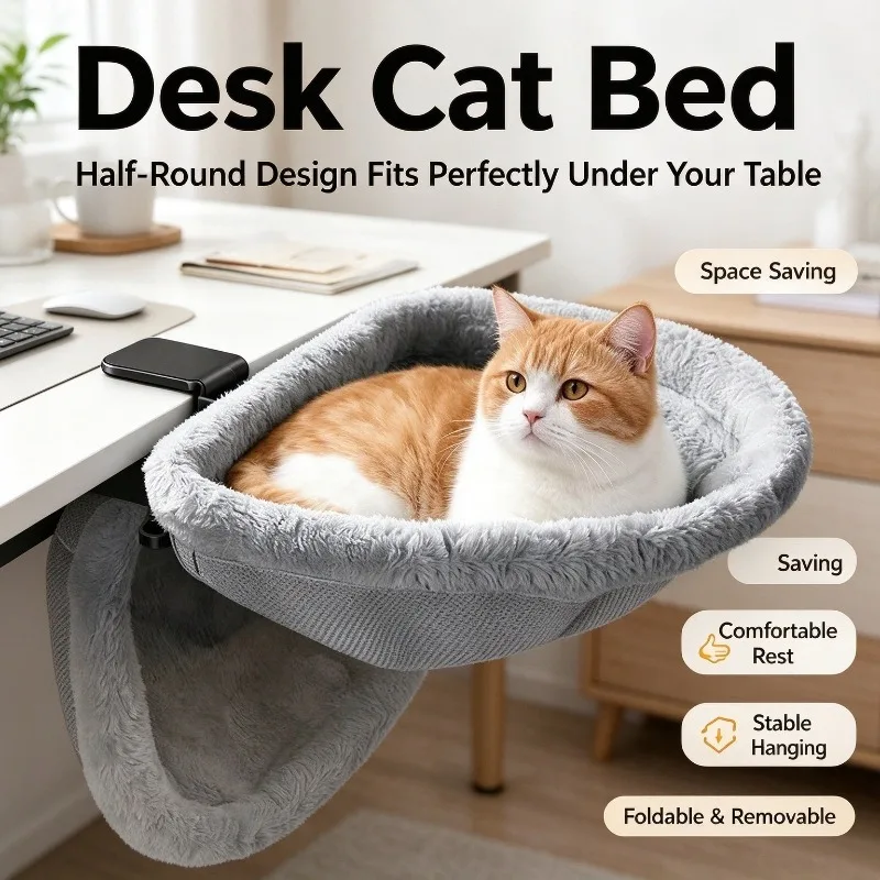 2-in-1 Cat Table Bed Foldable Computer Desk Cat Nest Hammock Stable Pet Side Table for Indoor Cats Working Rest Sleeping