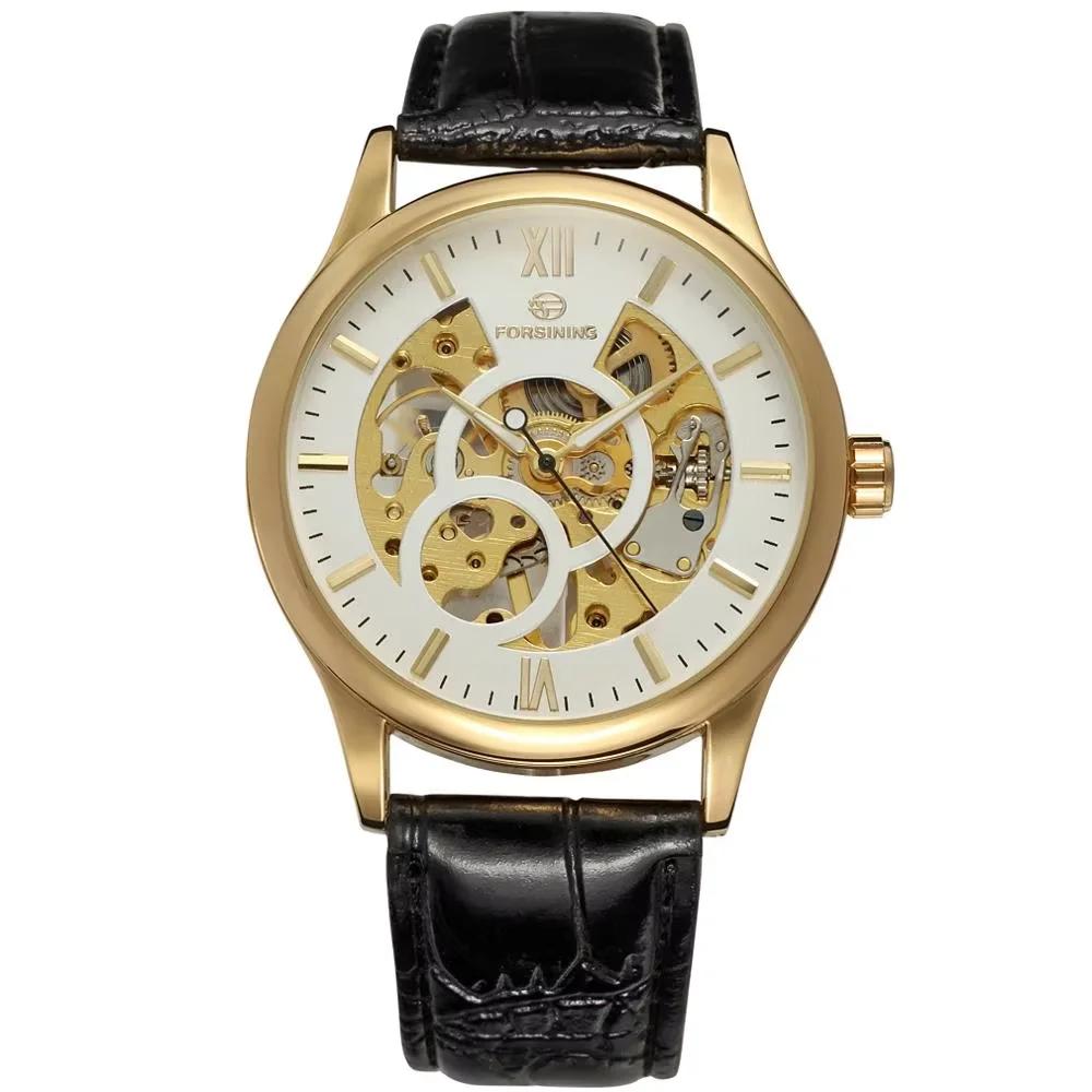 FORSINING  Fashion trend men's and women's watches casual leather strap watches automatic mechanical wrist watches